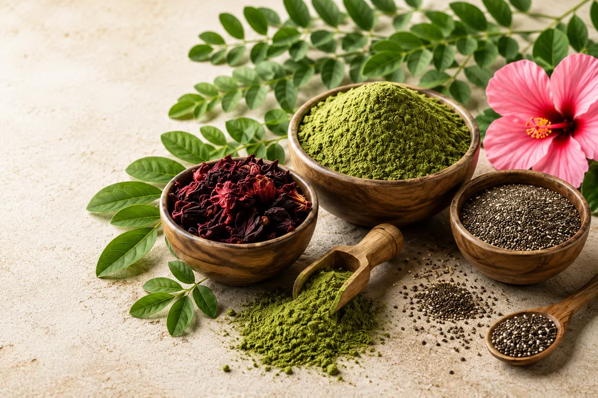Wooden bowls of dried hibiscus flowers, moringa powder and chia seeds