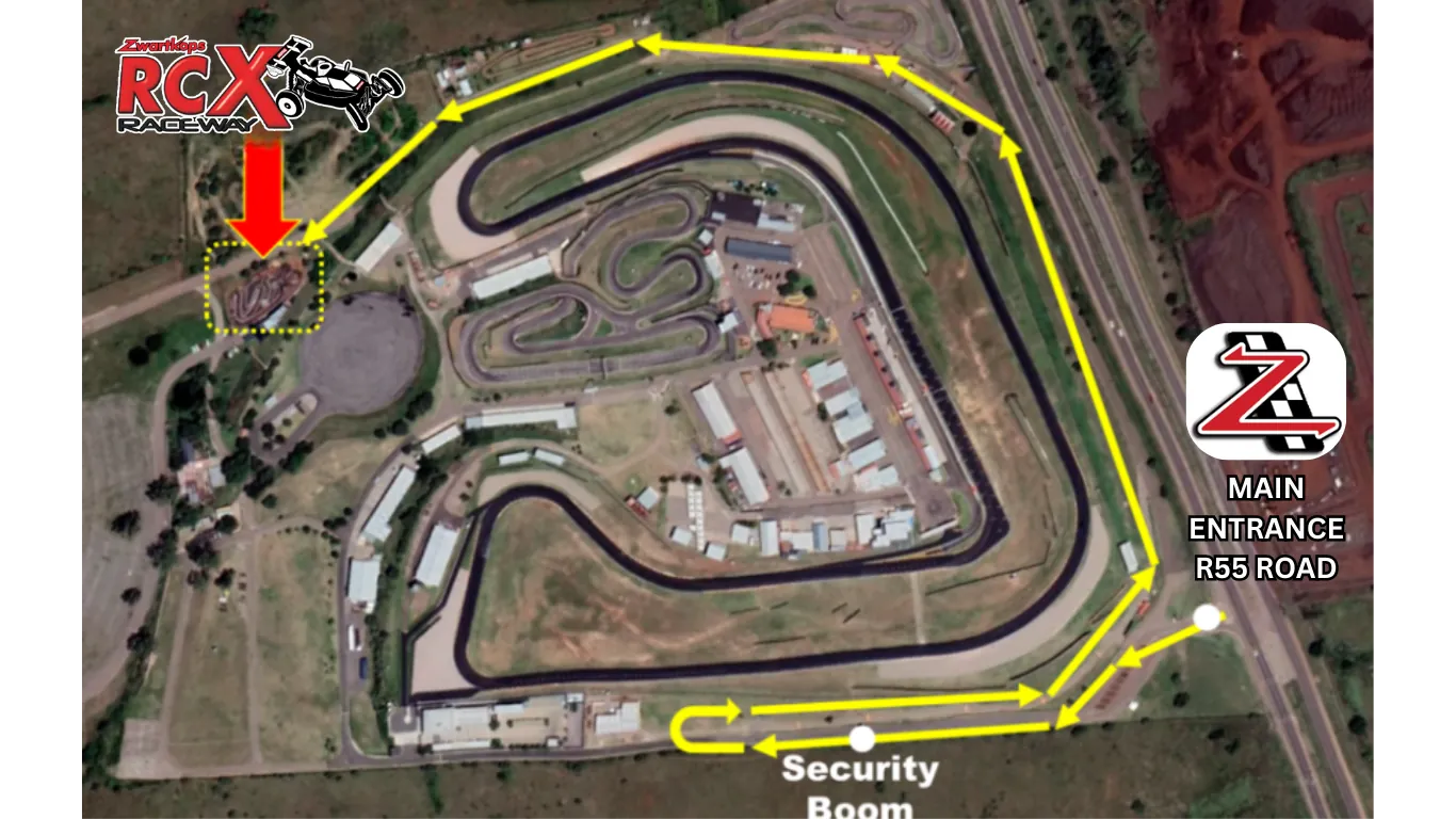 Aerial map: from the R55 main entrance through security, around the circuit to Zwartkops RCX