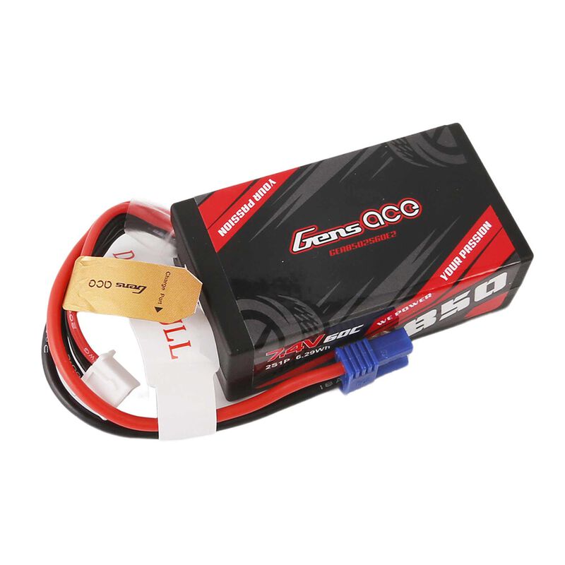 GENS ACE 7.4V 850mAh 2S 60C Hardcase LiPo Battery: EC2