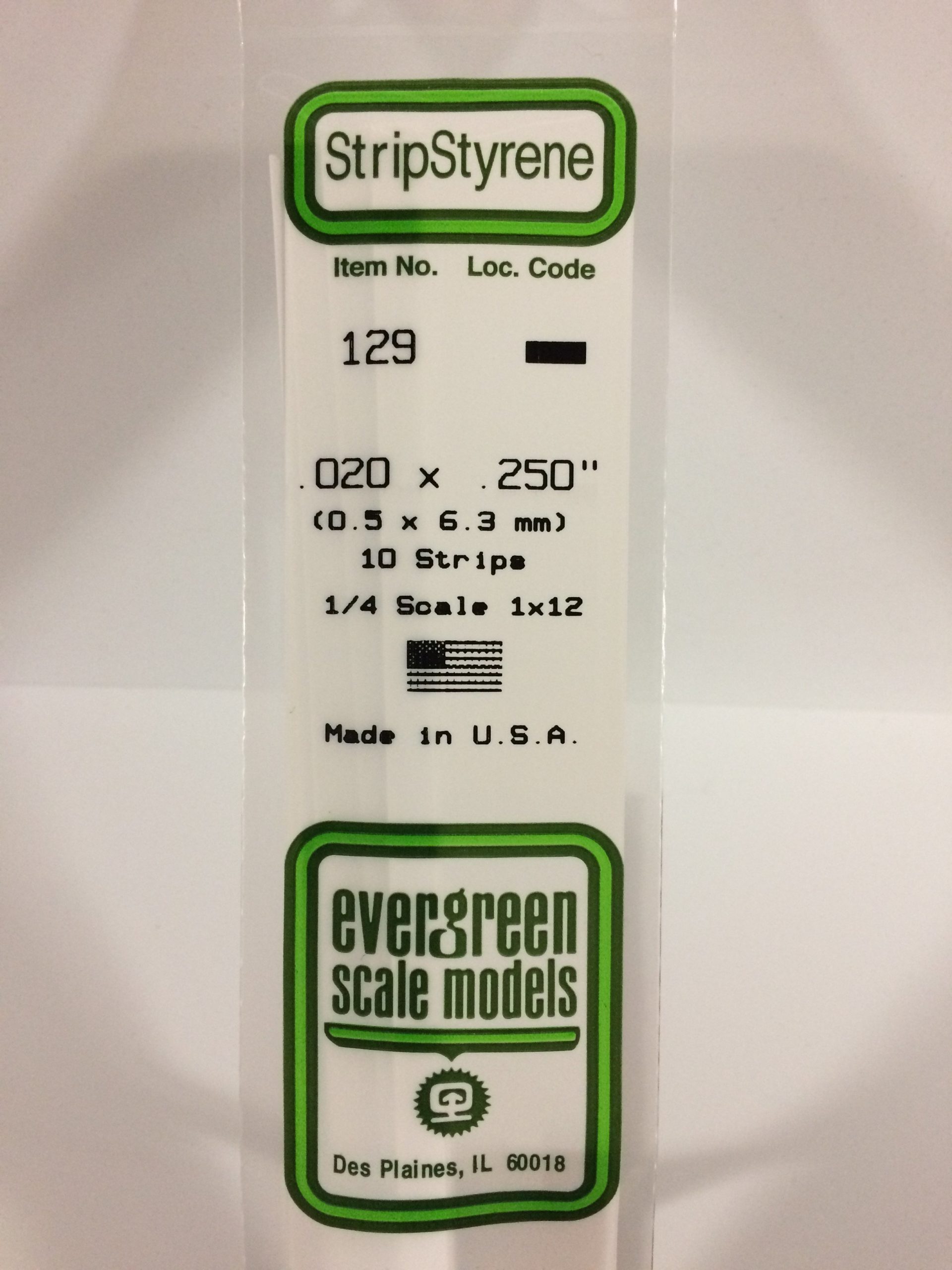 129 - .020' X .250' OPAQUE WHITE POLYSTYRENE STRIP EVERGREEN