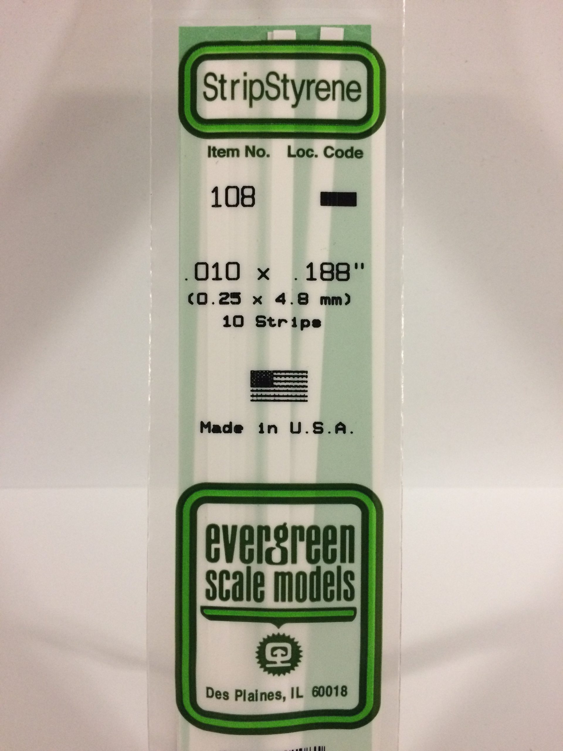 108 - .010' X .188' OPAQUE WHITE POLYSTYRENE STRIP EVERGREEN