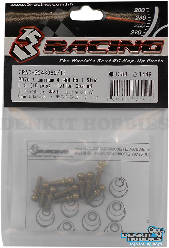 7075 ALUMINUM 4.3MM BALL STUD L=8 (10) TEFLON COATED 3 RACING