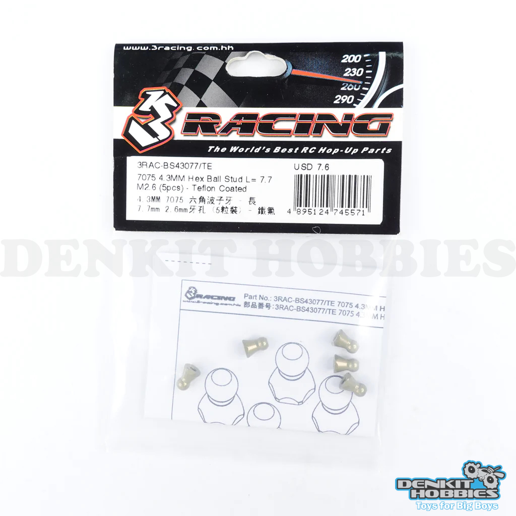 4.3MM 7075 ALUMINIUM HEX BALL STUD L=7.7 M2.6 TEFLON COATED (5) 3 RACING