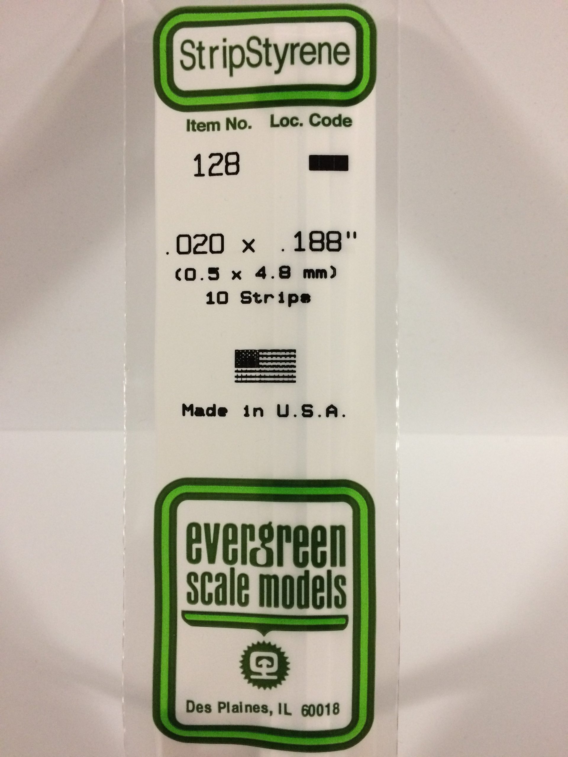 128 - .020' X .188' OPAQUE WHITE POLYSTYRENE STRIP EVERGREEN
