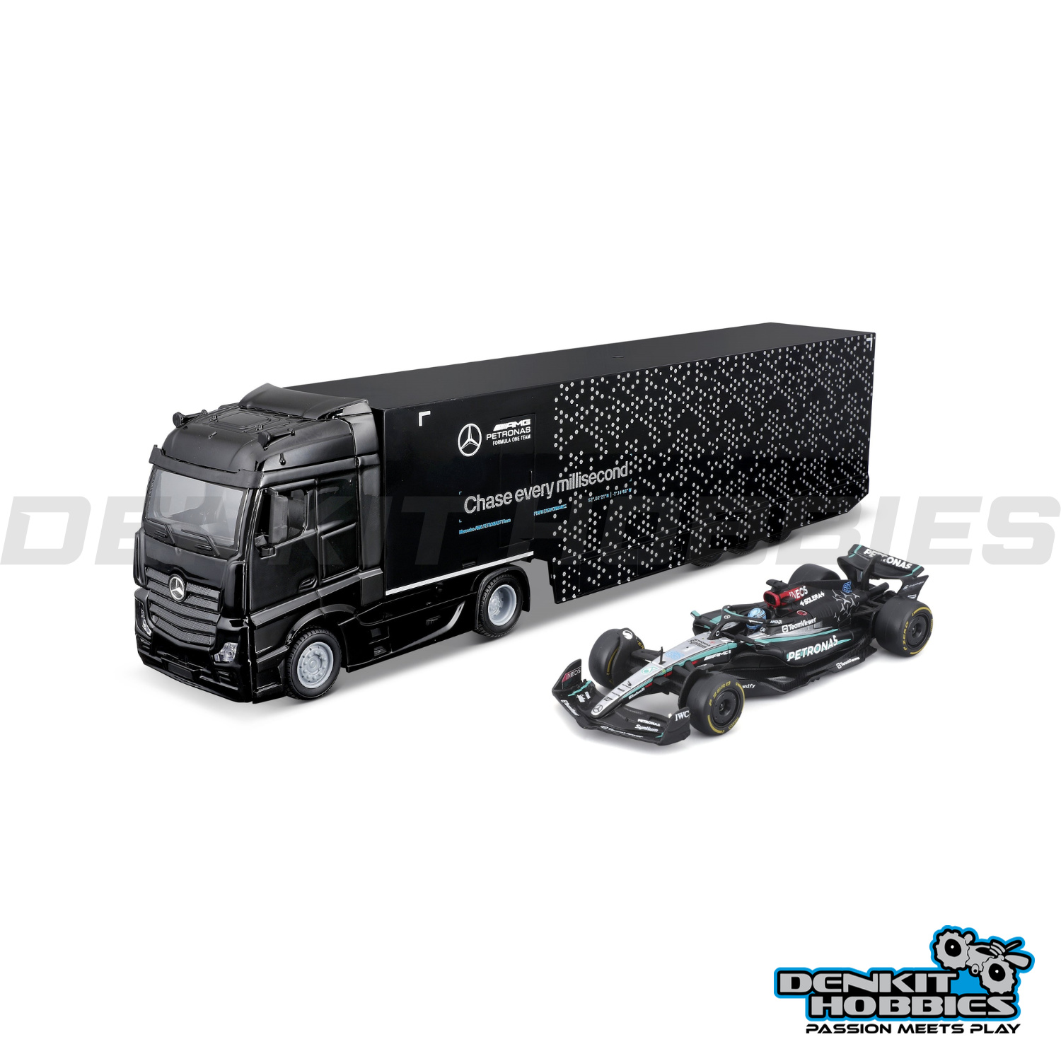 MERCEDES-BENZ ACTROS TRANSPORTER WITH F1 CAR #63 GEORGE RUSSELL 1/43 SCALE BBURAGO