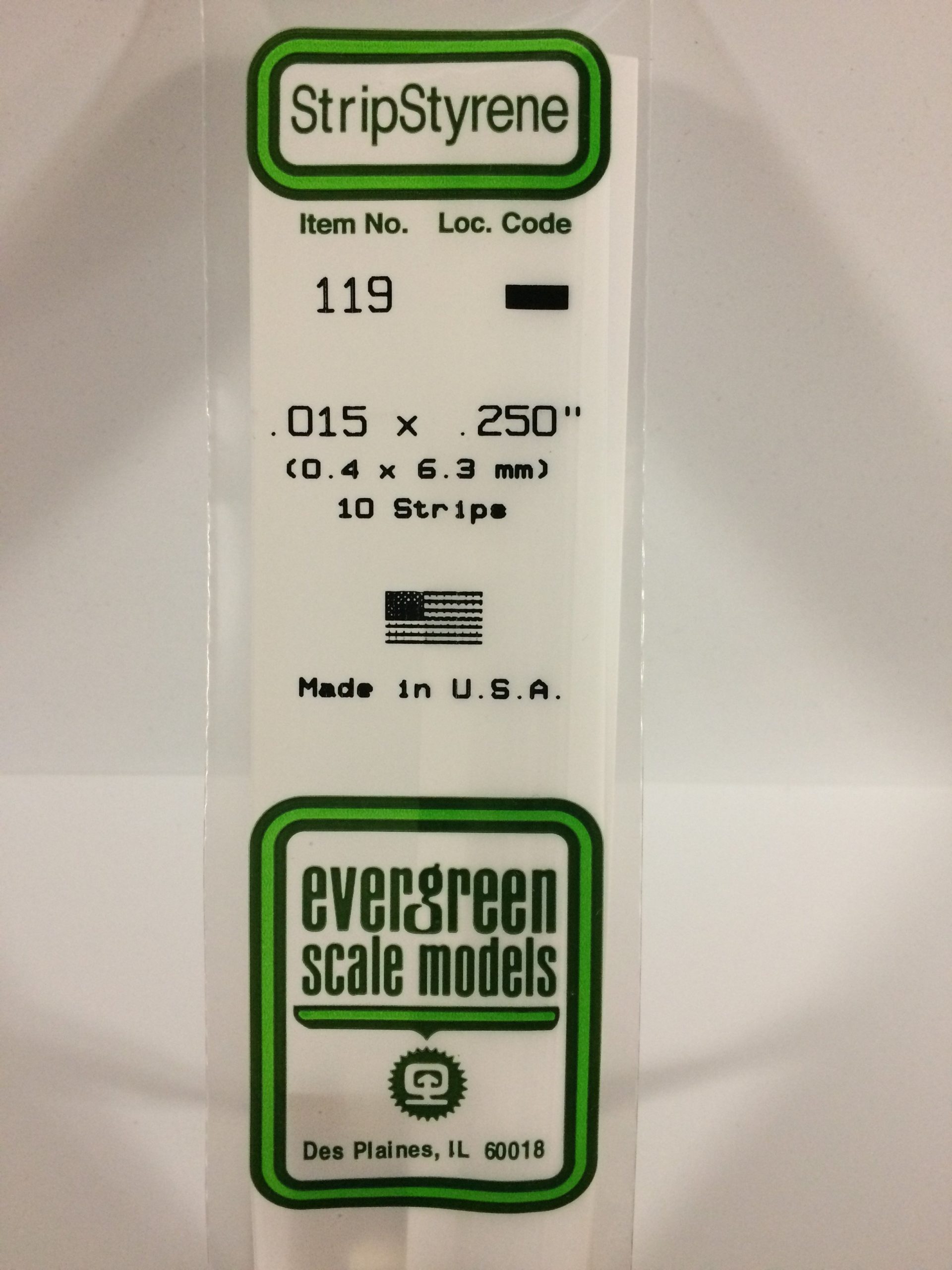 119 - .015' X .250' OPAQUE WHITE POLYSTYRENE STRIP EVERGREEN